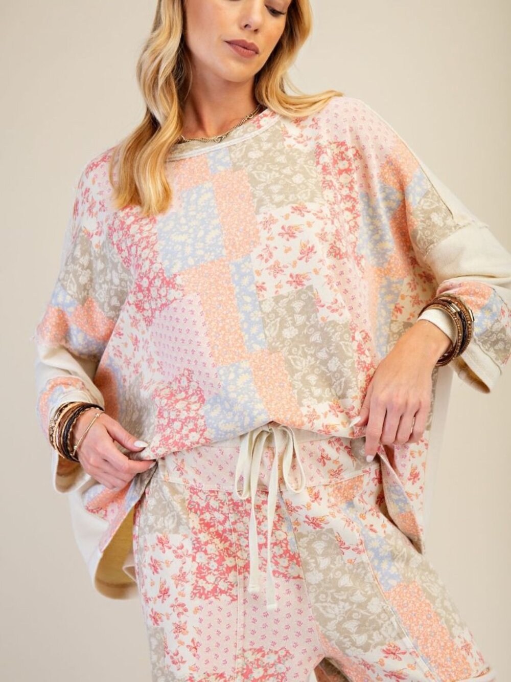 EASEL PATCHWORK PRINT MIX WASHED PULLOVER AND PANTS SET 100% COTTON